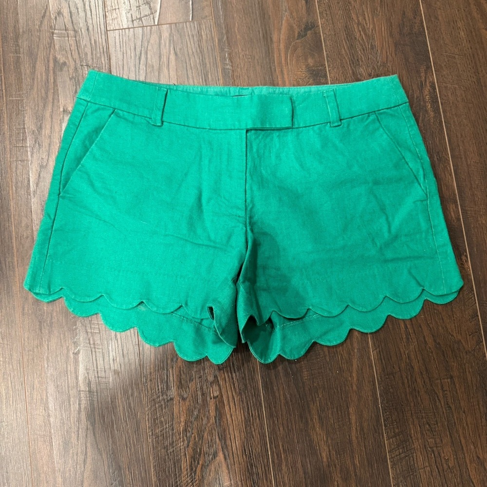J Crew Womens Linen Blend Kelly Green Shorts Scalloped Hem Mid Rise Size 12